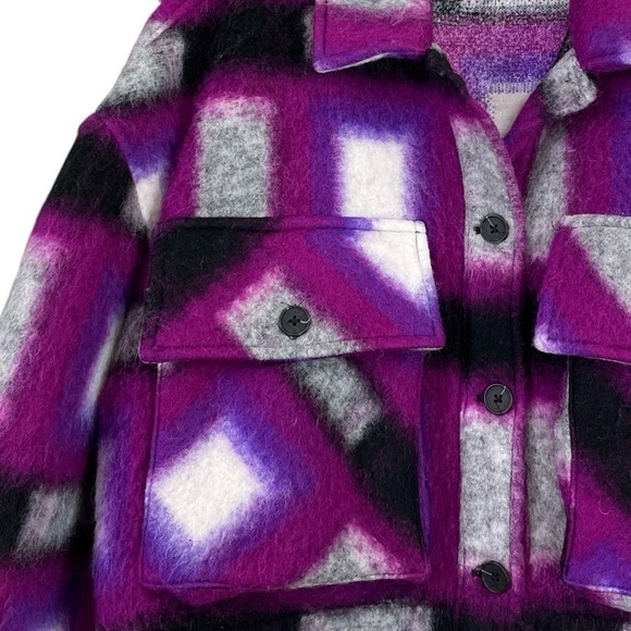 Blank NYC Plaid Wool Blend Cropped Buttoned Jacket Purple Gray Black Size Small - Picture 3 of 8